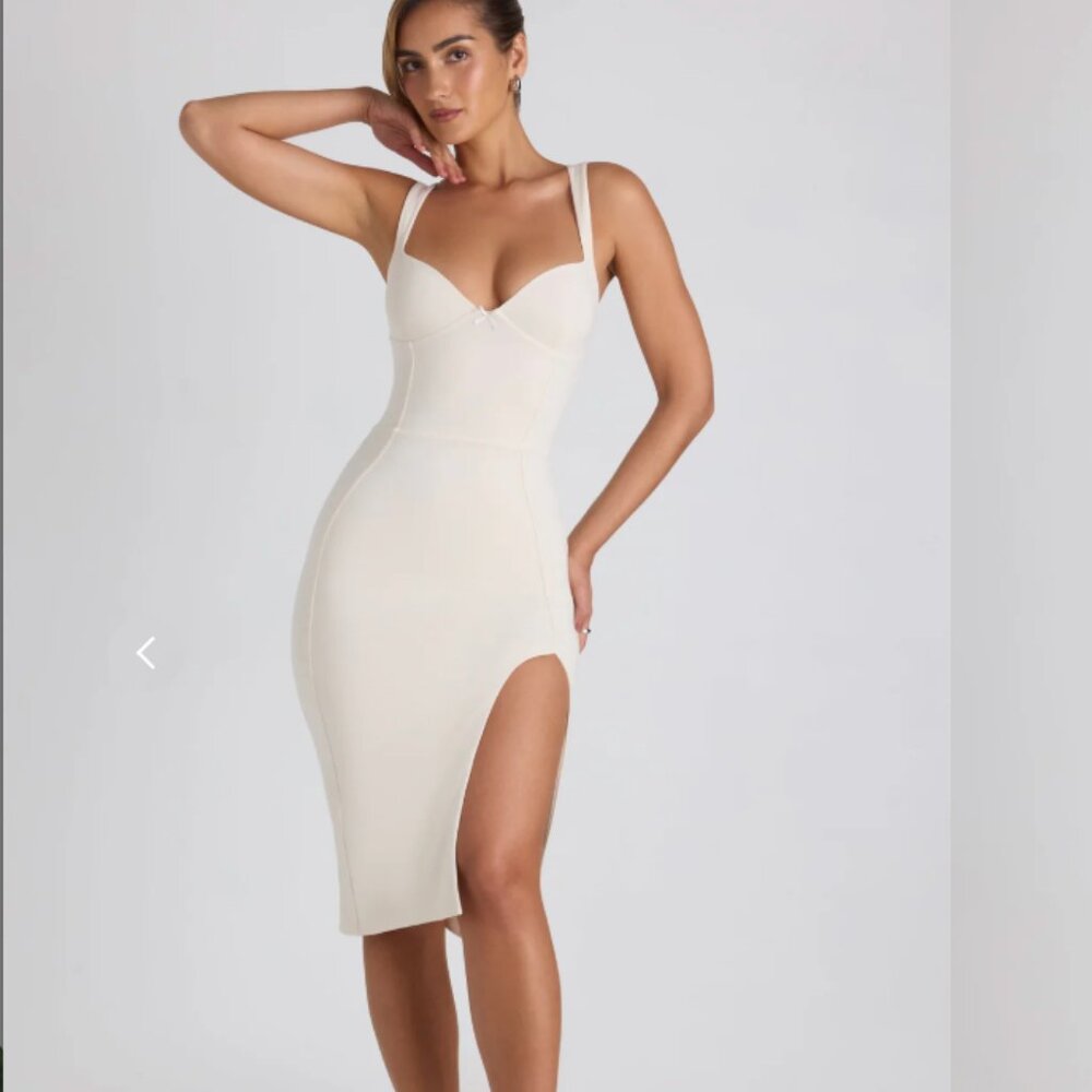 Modal Bow-Detail Sweetheart-Neck Midi Dress in Ivory